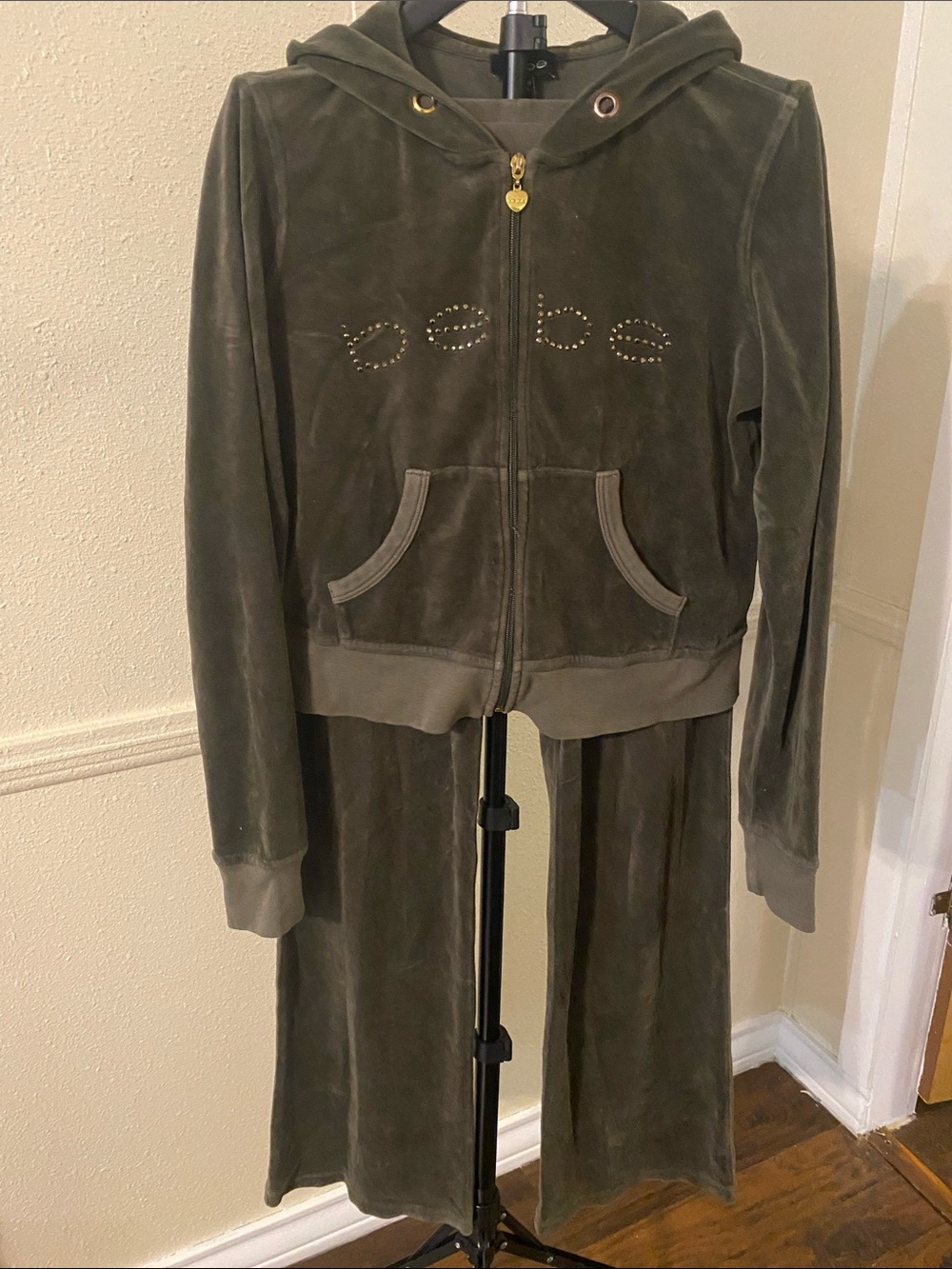 bebe Olive Velour Hooded Zip Jacket with Stud Logo